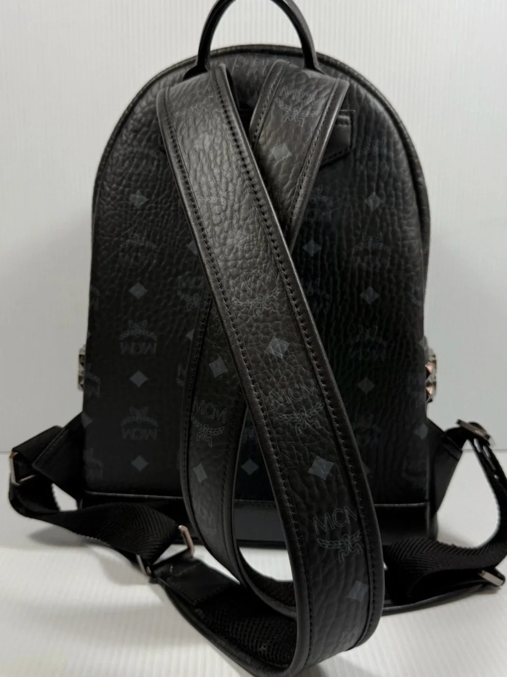 MCM Black Monogram Mini Backpack with Front Zip Pocket